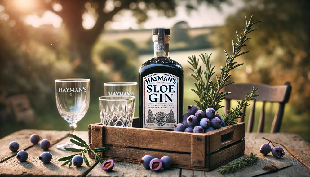 Пляшка Hayman's Sloe Gin на дерев'яному ящику, оточена ягодами терну та келихами, на фоні спокійної природної обстановки з м'яким сонячним світлом.